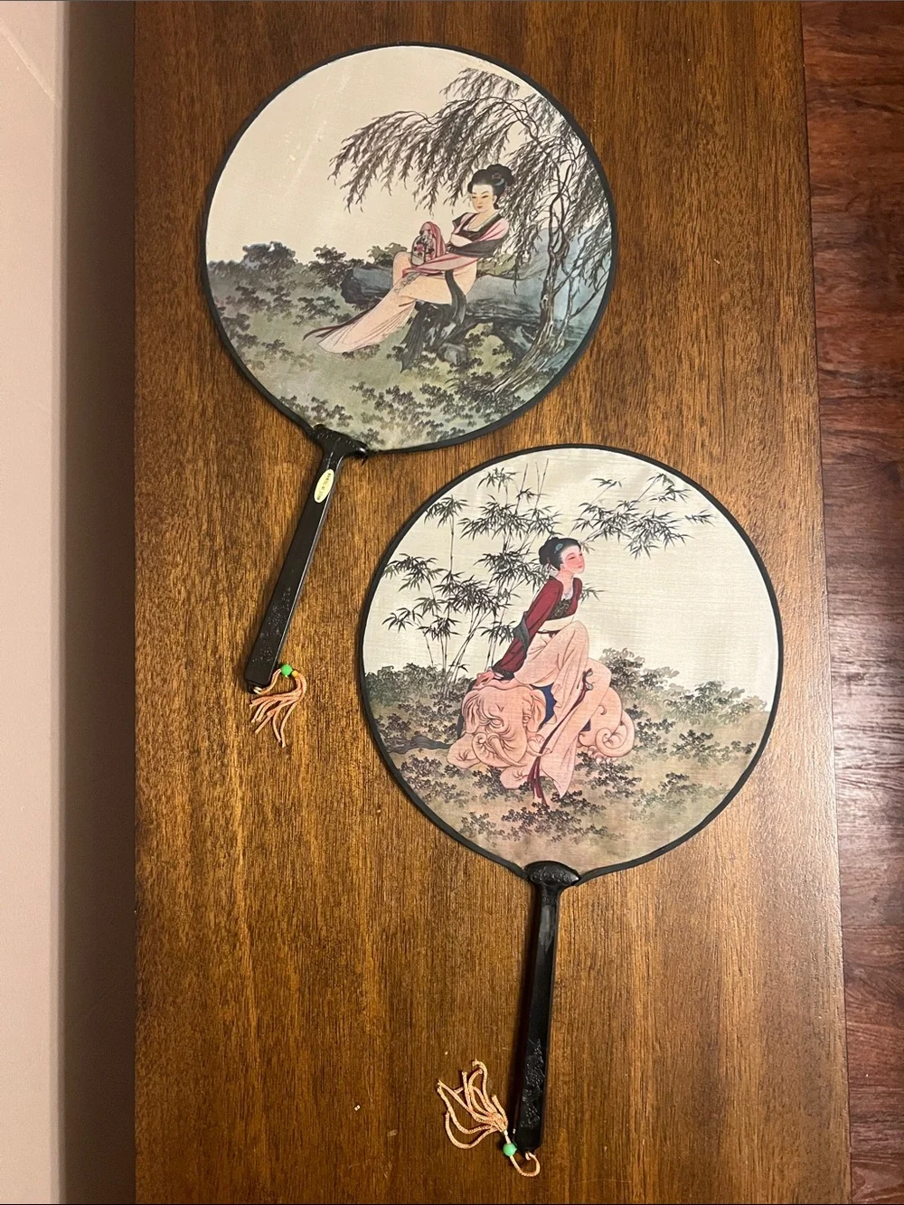 2 Vintage Traditional Asian Round Silk Wall Fans in Pink and Black